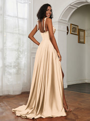 Cowl Neck A-Line Dress With Slit Champagne