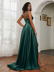 Cowl Neck A-Line Dress With Slit Dark Green
