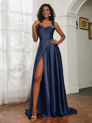 Cowl Neck A-Line Dress With Slit Dark Navy