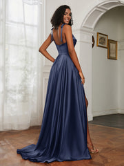 Cowl Neck A-Line Dress With Slit Dark Navy Plus Size