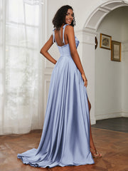 Cowl Neck A-Line Dress With Slit Dusty Blue Plus Size
