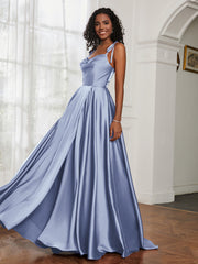 Cowl Neck A-Line Dress With Slit Dusty Blue
