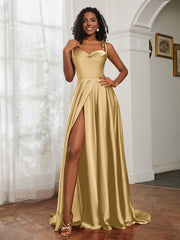 Cowl Neck A-Line Dress With Slit Gold