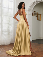 Cowl Neck A-Line Dress With Slit Gold