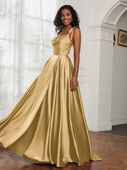 Cowl Neck A-Line Dress With Slit Gold
