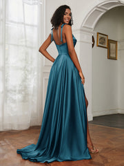 Cowl Neck A-Line Dress With Slit Ink Blue Plus Size