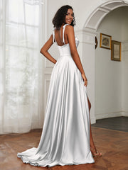 Cowl Neck A-Line Dress With Slit Ivory