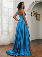 Cowl Neck A-Line Dress With Slit Ocean Blue