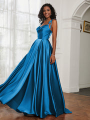 Cowl Neck A-Line Dress With Slit Ocean Blue