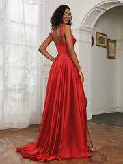 Cowl Neck A-Line Dress With Slit Red