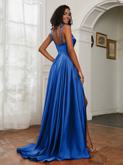 Cowl Neck A-Line Dress With Slit Royal Blue