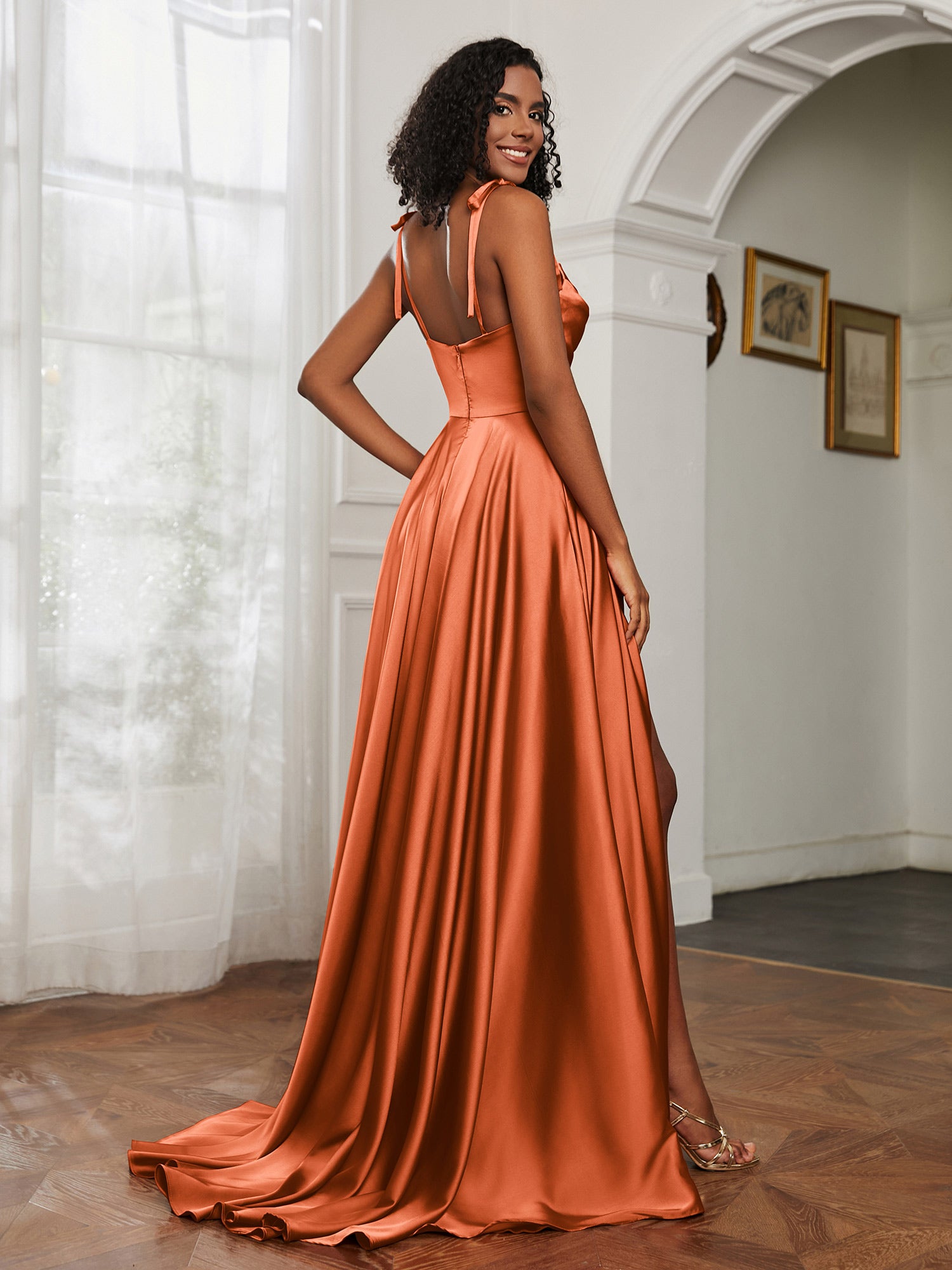 BABARONI Acetate Satin Rust Bridesmaid Dresses Cowl Neck Sweep