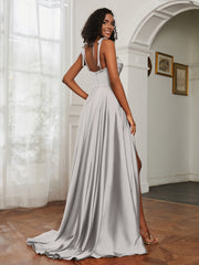Cowl Neck A-Line Dress With Slit Silver