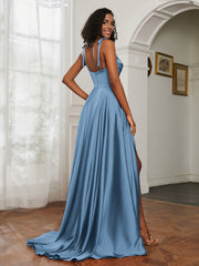 Cowl Neck A-Line Dress With Slit Slate Blue