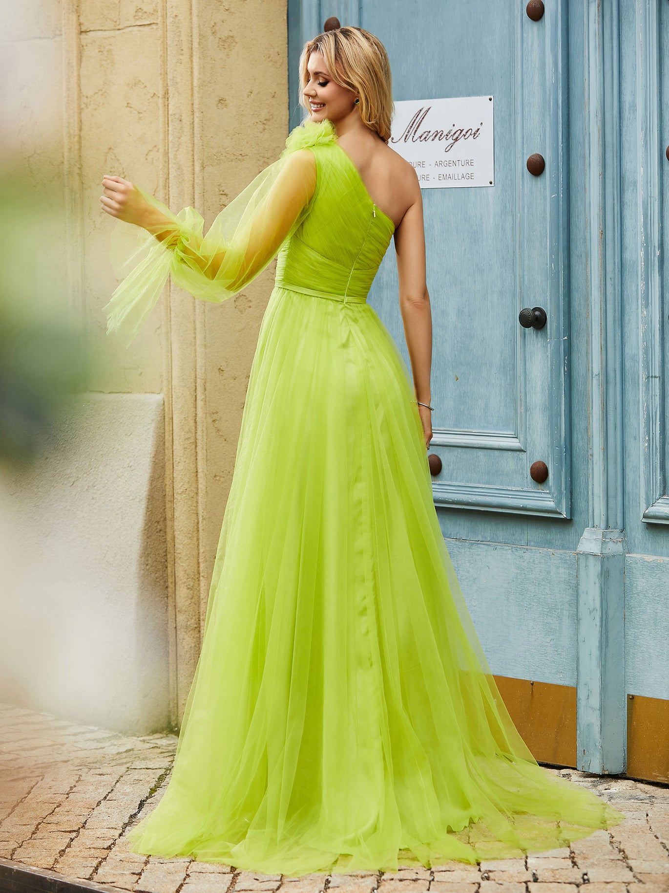 BABARONI BABARONI Tulle Lime Green Prom Dresses A-line One Shoulder Long Sleeve Pleated Ruched Floral Ribbons, Lime Green / US0