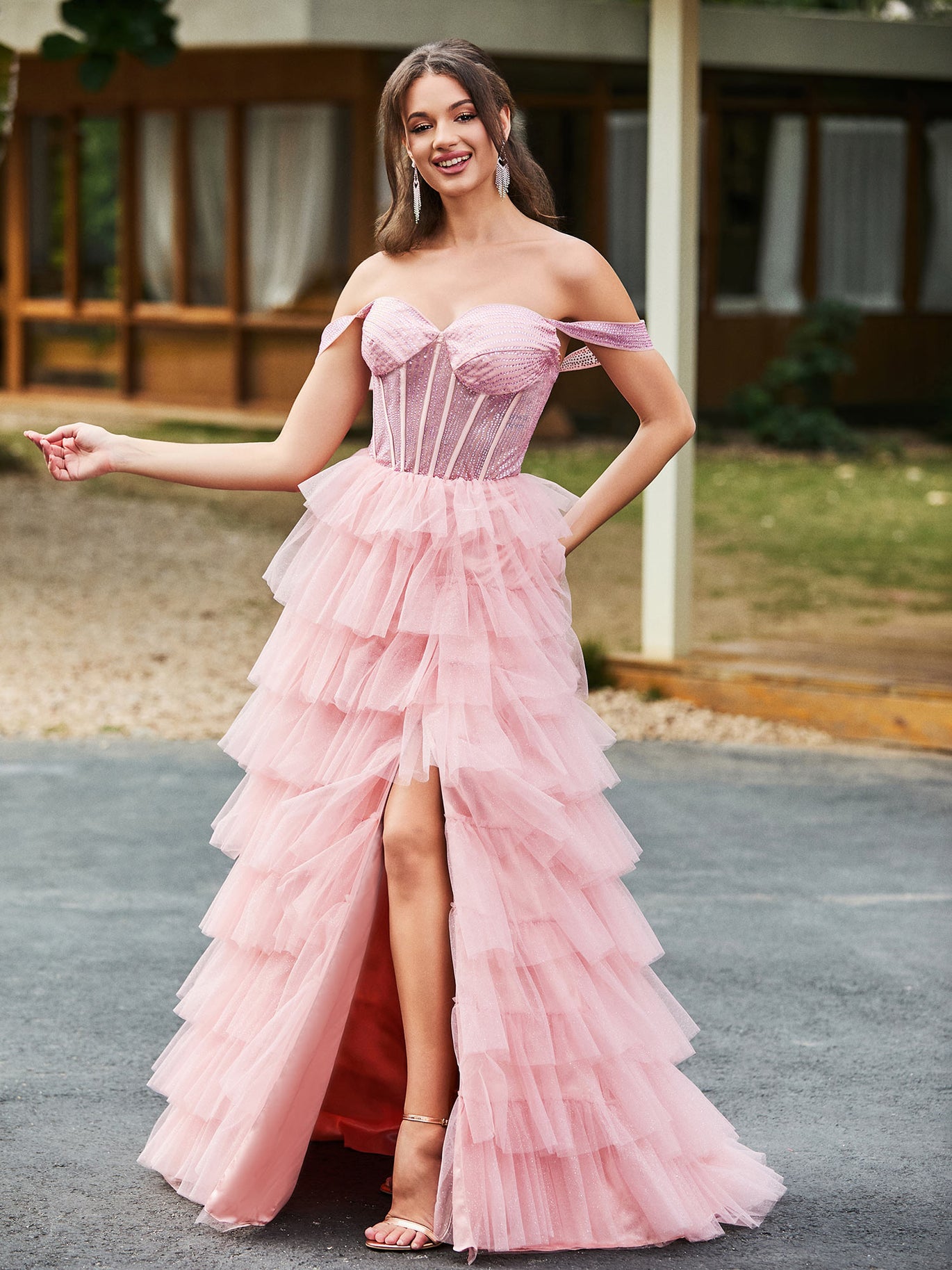 azalea formal high slit sequin dress V-Neck Plus-Size Long Sequin Prom Dress CD840C Azalea Pink / 16 main image 0