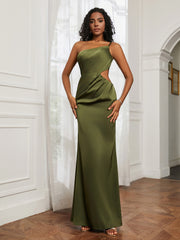 One Shoulder Pleated Floor-Length Dress Olive Green