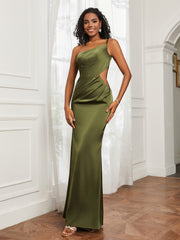 One Shoulder Pleated Floor-Length Dress Olive Green