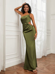 One Shoulder Pleated Floor-Length Dress Olive Green