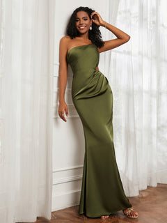 One Shoulder Pleated Floor-Length Dress Olive Green Plus Size