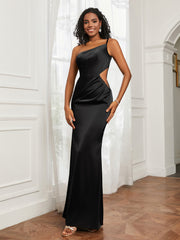 One Shoulder Pleated Floor-Length Dress Black