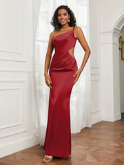 One Shoulder Pleated Floor-Length Dress Burgundy Plus Size