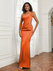 One Shoulder Pleated Floor-Length Dress Burnt Orange
