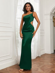 One Shoulder Pleated Floor-Length Dress Dark Green