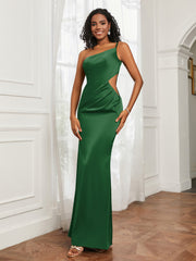 One Shoulder Pleated Floor-Length Dress Emerald