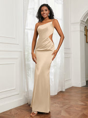 One Shoulder Pleated Floor-Length Dress Peach