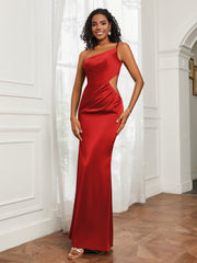 One Shoulder Pleated Floor-Length Dress Red