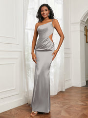 One Shoulder Pleated Floor-Length Dress Silver Plus Size
