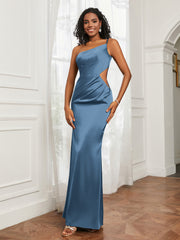One Shoulder Pleated Floor-Length Dress Slate Blue Plus Size