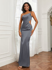 One Shoulder Pleated Floor-Length Dress Steel Grey Plus Size