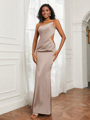 One Shoulder Pleated Floor-Length Dress Taupe