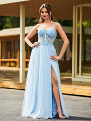 A-Line Square Neck Sweep Train Dress With Flower Ocean Blue