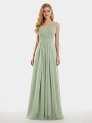 V-neck Full Length Chiffon Dress with Pleated Bodice Dusty Sage