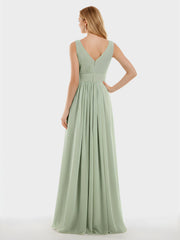 V-neck Full Length Chiffon Dress with Pleated Bodice Dusty Sage