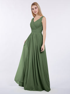 V-neck Full Length Chiffon Dress with Pleated Bodice Olive Green