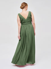 V-neck Full Length Chiffon Dress with Pleated Bodice Olive Green