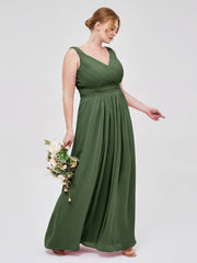 V-neck Full Length Chiffon Dress with Pleated Bodice Olive Green