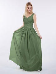 V-neck Full Length Chiffon Dress with Pleated Bodice Olive Green