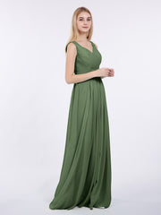 V-neck Full Length Chiffon Dress with Pleated Bodice Olive Green