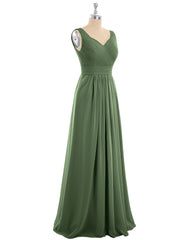 V-neck Full Length Chiffon Dress with Pleated Bodice Olive Green