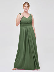 V-neck Full Length Chiffon Dress with Pleated Bodice Olive Green