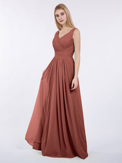 V-neck Full Length Chiffon Dress with Pleated Bodice Terracotta