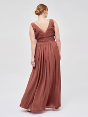 V-neck Full Length Chiffon Dress with Pleated Bodice Terracotta