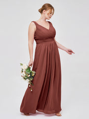 V-neck Full Length Chiffon Dress with Pleated Bodice Terracotta