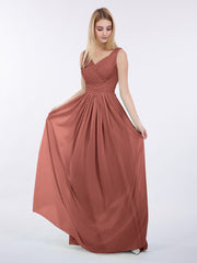 V-neck Full Length Chiffon Dress with Pleated Bodice Terracotta