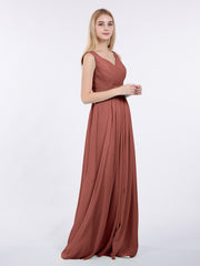V-neck Full Length Chiffon Dress with Pleated Bodice Terracotta